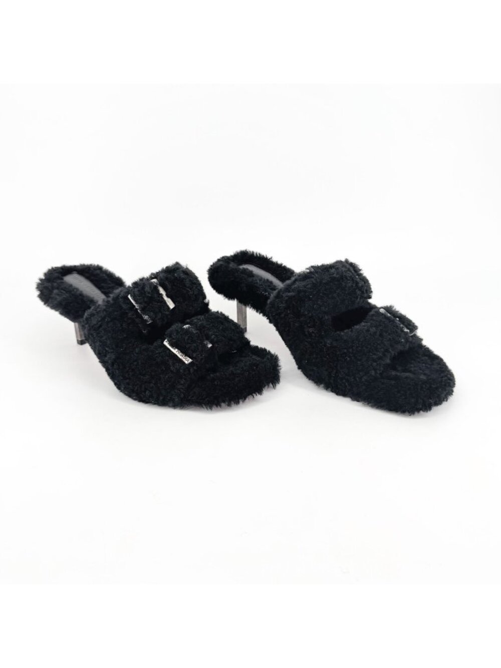 Amina Muaddi Millie Black Shearling Buckle Mule Slippers Heels Size 39.5 US 9.5